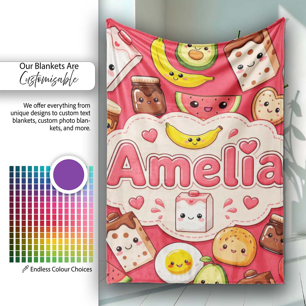 Cute Kawaii Breakfast Food Characters on Red Background Seamless  Personalised Custom Name Super Soft Fleece Blanket Bed Sofa Throw