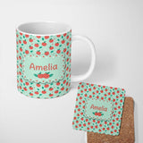Personalized Custom Name Modern Red Apples with Leaves on Mint Background Seamless Pattern 11oz Ceramic Coffee Tea Mug White Large Handle