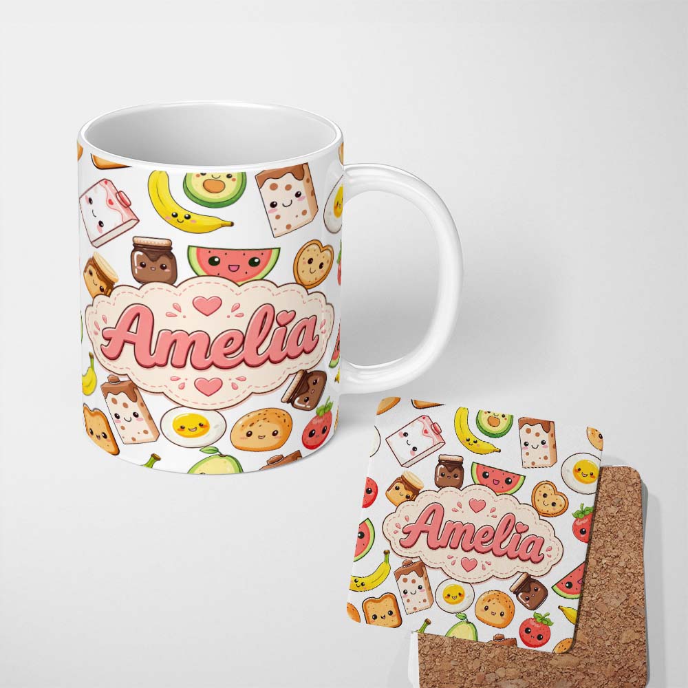 Personalized Custom Name Cute Kawaii Breakfast Food Characters on White Background Seamless 11oz Ceramic Coffee Tea Mug White Large Handle