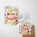 Personalized Custom Name Cute Kawaii Breakfast Food Characters on White Background Seamless 11oz Ceramic Coffee Tea Mug White Large Handle