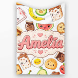 Cute Kawaii Breakfast Food Characters on White Background Seamless  Personalised Custom Name Super Soft Fleece Blanket Bed Sofa Throw