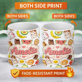 Personalized Custom Name Cute Kawaii Breakfast Food Characters on White Background Seamless 11oz Ceramic Coffee Tea Mug White Large Handle