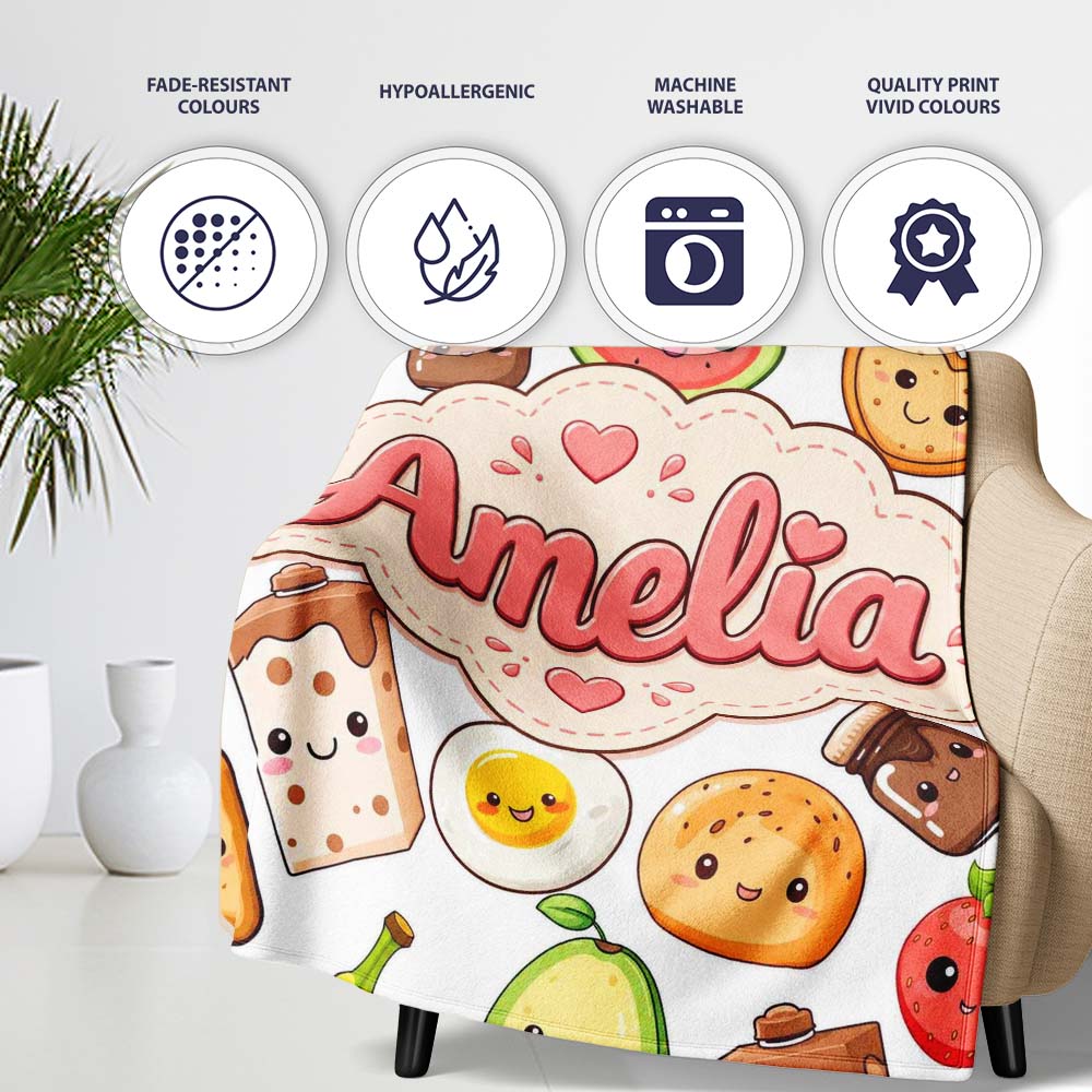 Cute Kawaii Breakfast Food Characters on White Background Seamless  Personalised Custom Name Super Soft Fleece Blanket Bed Sofa Throw