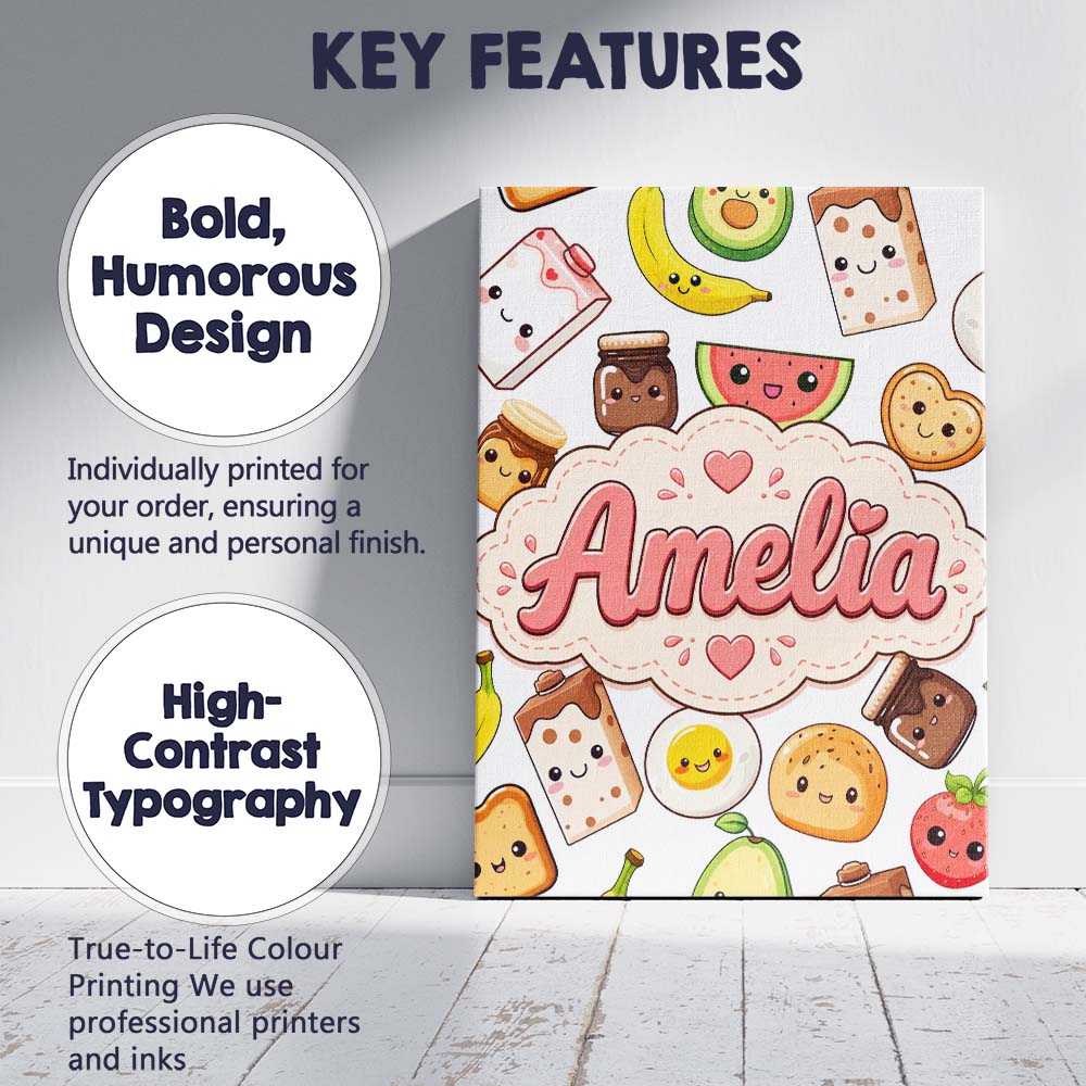 Personalised Name Cute Kawaii Breakfast Custom  Modern Room Accent Elegant Feature Canvas Wall Art Print Decor Picture Ready to Hang