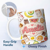 Personalized Custom Name Cute Kawaii Breakfast Food Characters on White Background Seamless 11oz Ceramic Coffee Tea Mug White Large Handle
