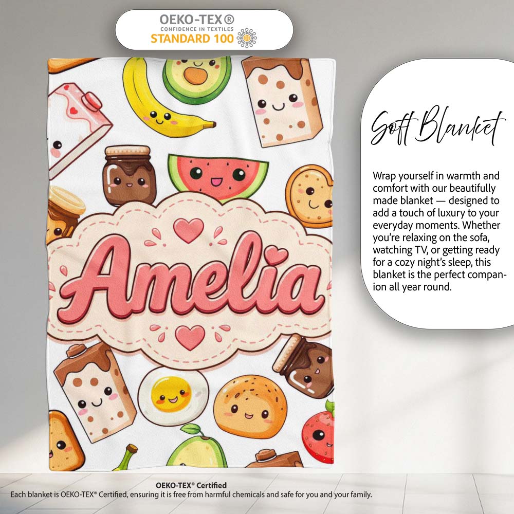 Cute Kawaii Breakfast Food Characters on White Background Seamless  Personalised Custom Name Super Soft Fleece Blanket Bed Sofa Throw