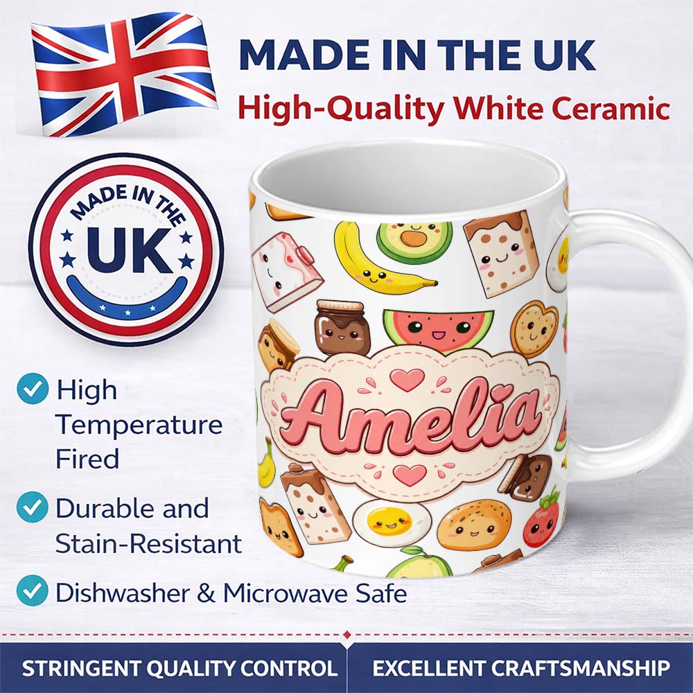 Personalized Custom Name Cute Kawaii Breakfast Food Characters on White Background Seamless 11oz Ceramic Coffee Tea Mug White Large Handle