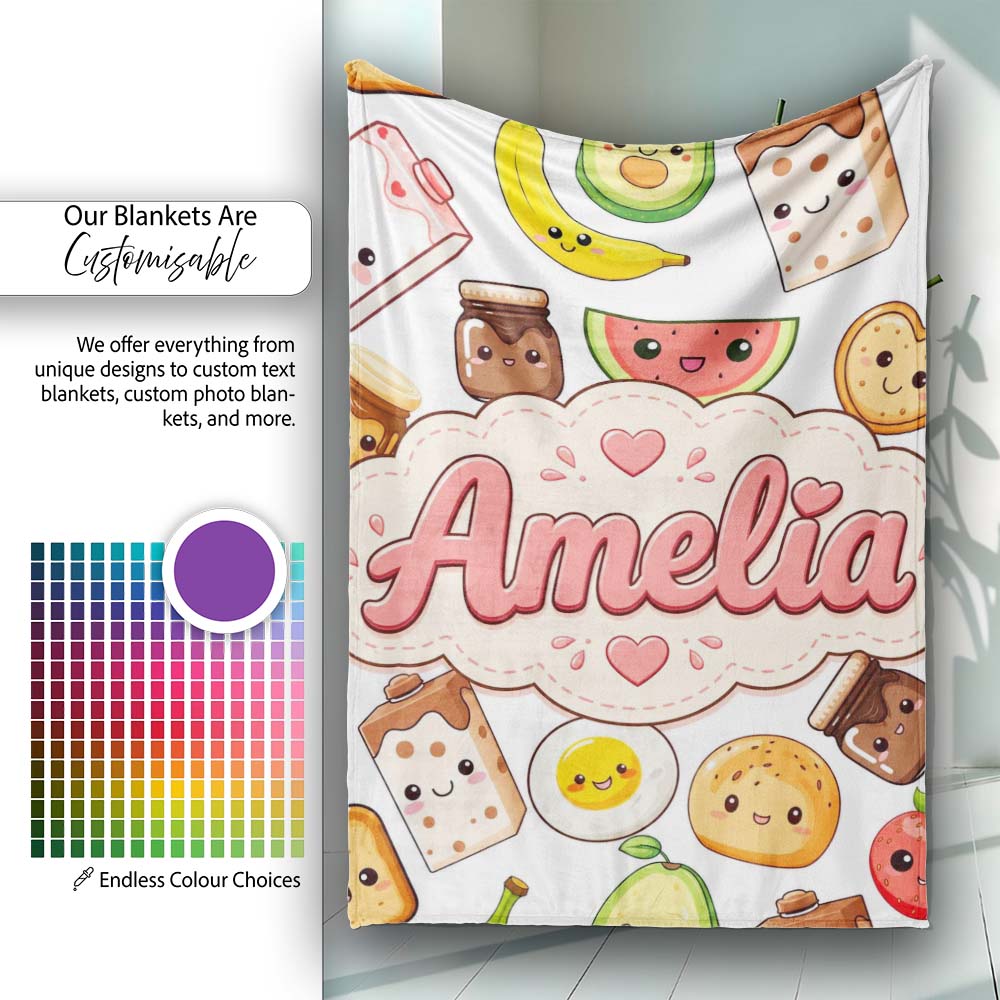 Cute Kawaii Breakfast Food Characters on White Background Seamless  Personalised Custom Name Super Soft Fleece Blanket Bed Sofa Throw