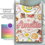 Cute Kawaii Breakfast Food Characters on White Background Seamless  Personalised Custom Name Super Soft Fleece Blanket Bed Sofa Throw