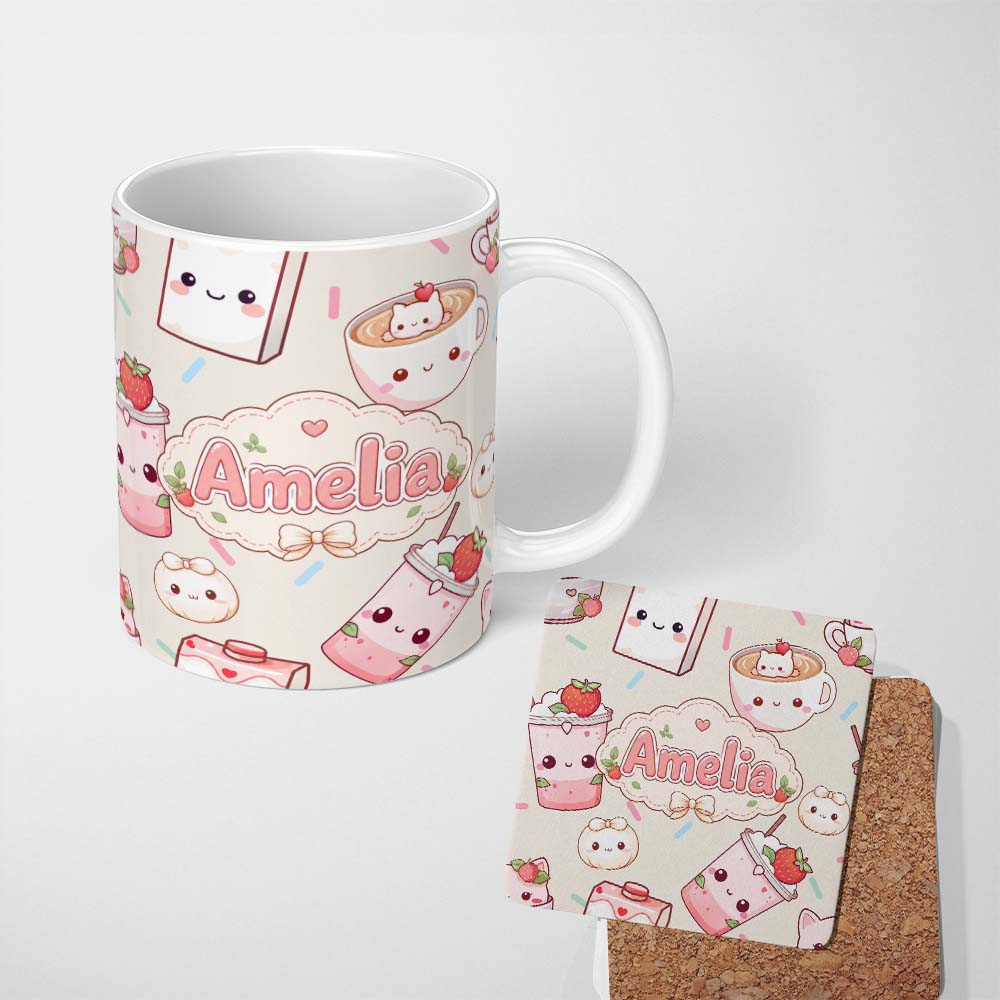 Personalized Custom Name Cute Kawaii Strawberry Drinks and Cat Cups on Cream Background 11oz Ceramic Coffee Tea Mug White Large Handle