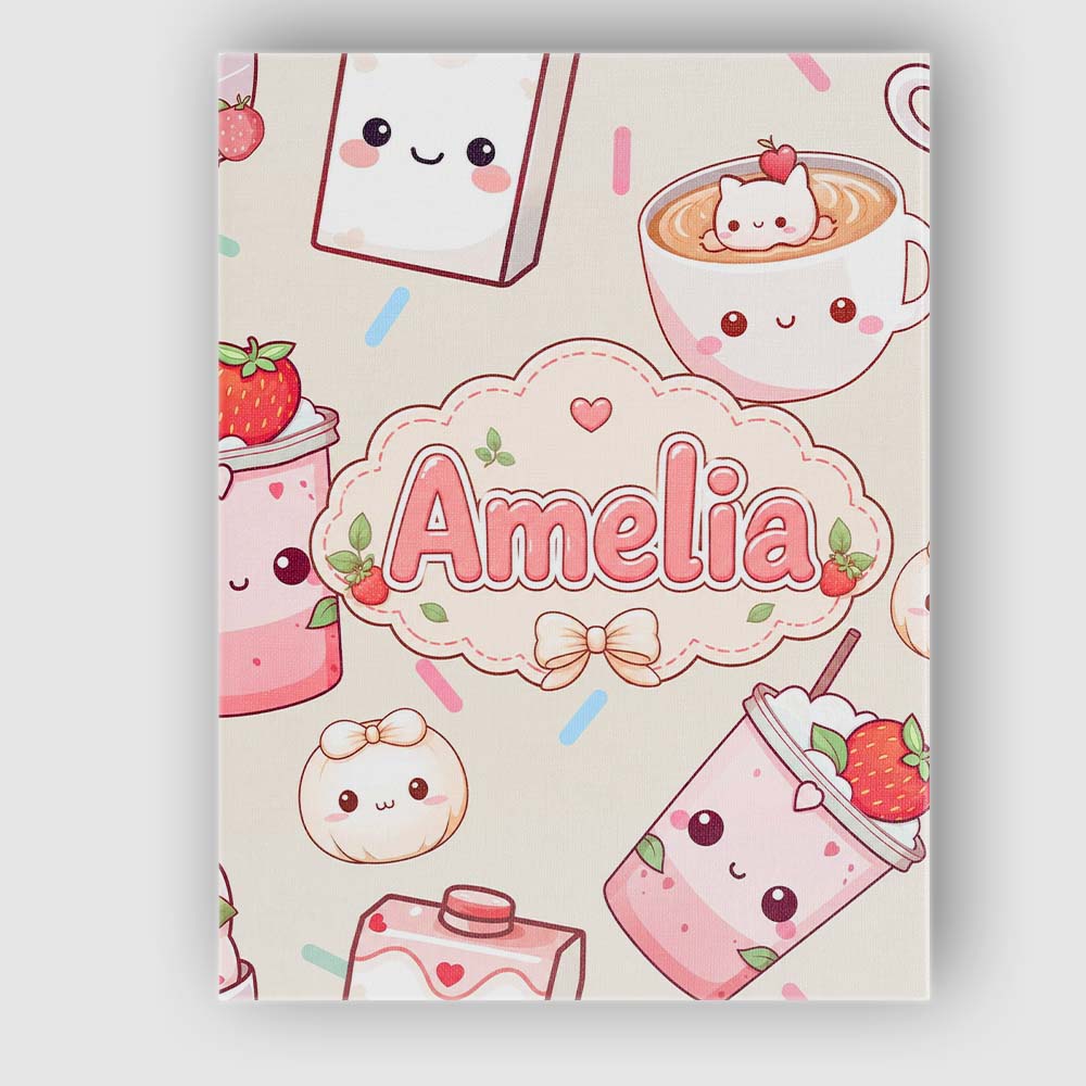 Personalised Name Cute Kawaii Strawberry Custom  Unique Gift Idea Elegant Feature Canvas Wall Art Print Decor Picture Ready to Hang