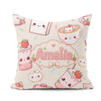 Custom Name Cute Kawaii Strawberry Drinks and Cat Cups on Cream Square Filled Cushion Throw Pillow Sofa Bed Home Decor Zip Washable UK Made