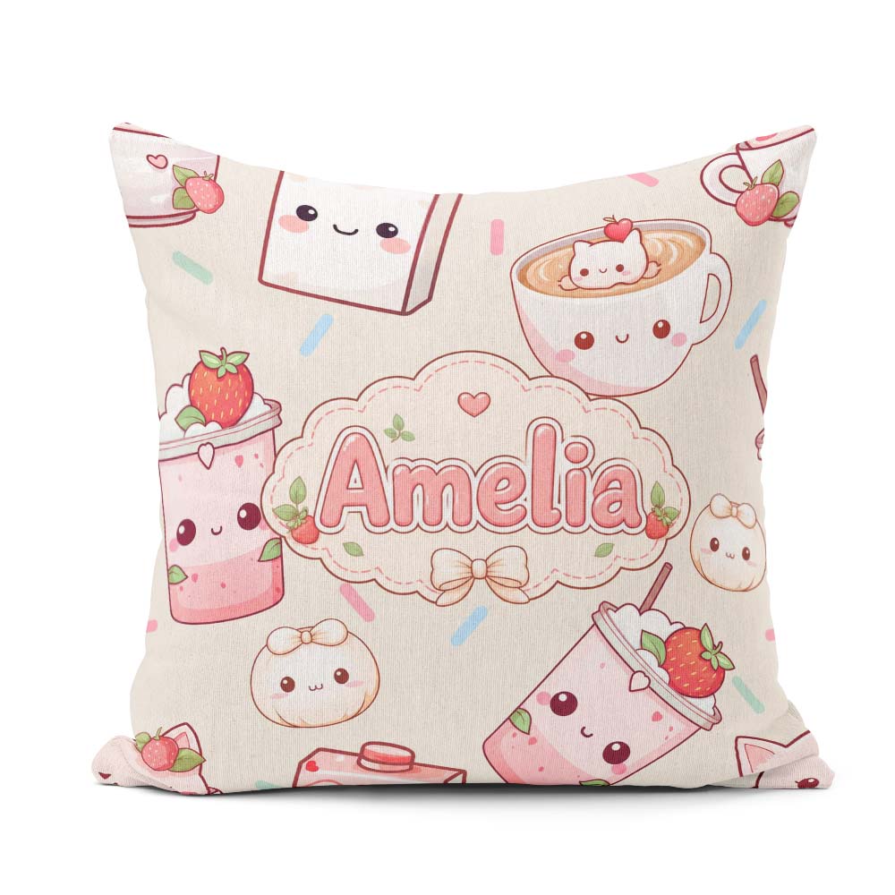 Custom Name Cute Kawaii Strawberry Drinks and Cat Cups on Cream Square Filled Cushion Throw Pillow Sofa Bed Home Decor Zip Washable UK Made
