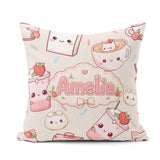 Custom Name Cute Kawaii Strawberry Drinks and Cat Cups on Cream Square Filled Cushion Throw Pillow Sofa Bed Home Decor Zip Washable UK Made