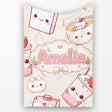 Cute Kawaii Strawberry Drinks and Cat Cups on Cream Background  Personalised Custom Name Super Soft Fleece Blanket Bed Sofa Throw