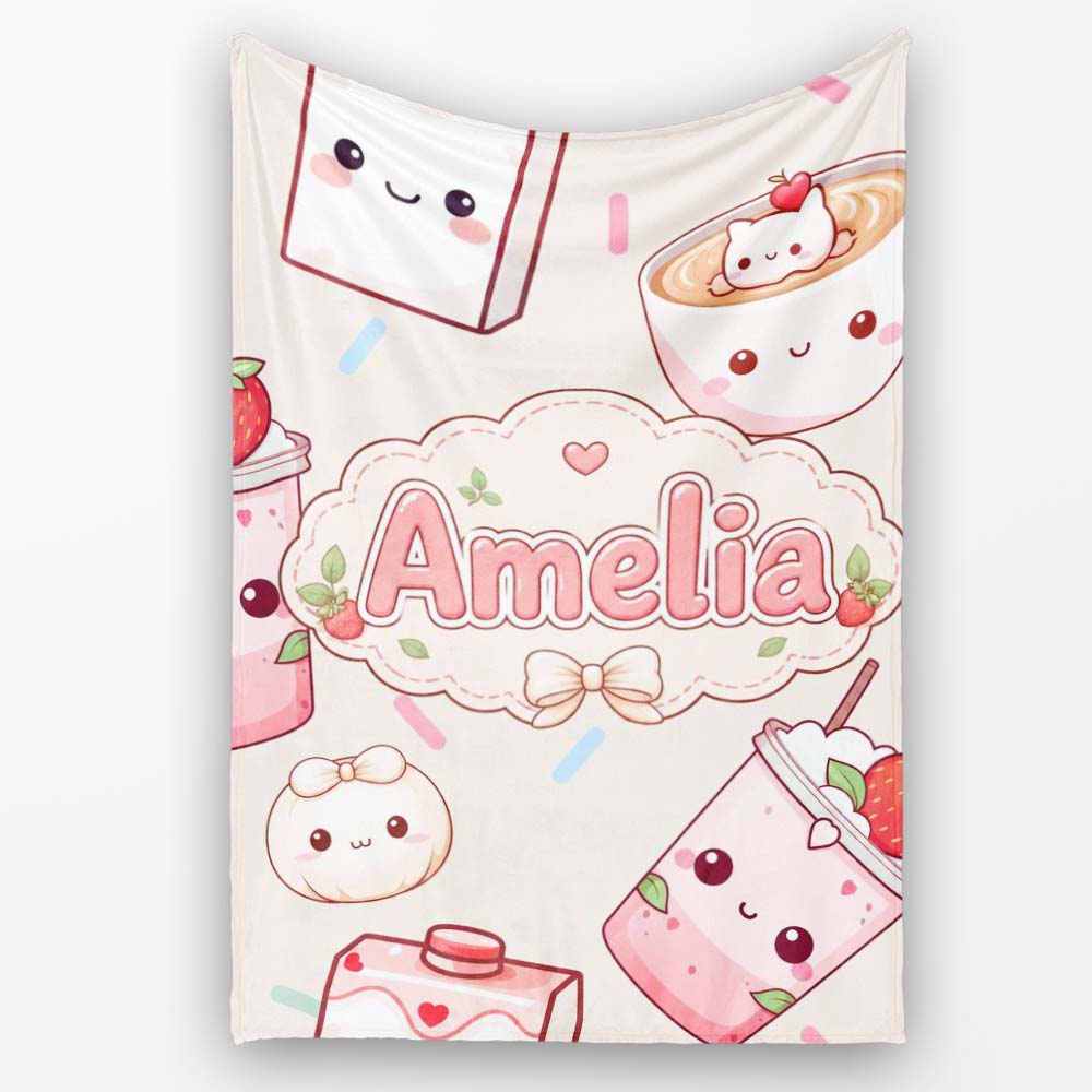 Cute Kawaii Strawberry Drinks and Cat Cups on Cream Background  Personalised Custom Name Super Soft Fleece Blanket Bed Sofa Throw