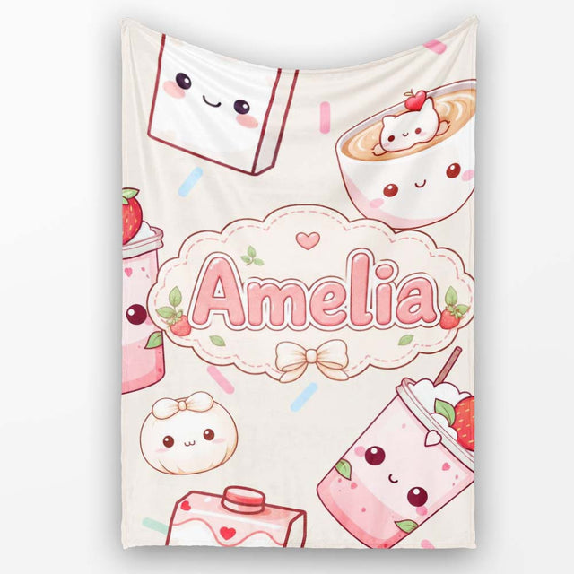 Cute Kawaii Strawberry Drinks and Cat Cups on Cream Background  Personalised Custom Name Super Soft Fleece Blanket Bed Sofa Throw