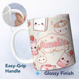 Personalized Custom Name Cute Kawaii Strawberry Drinks and Cat Cups on Cream Background 11oz Ceramic Coffee Tea Mug White Large Handle