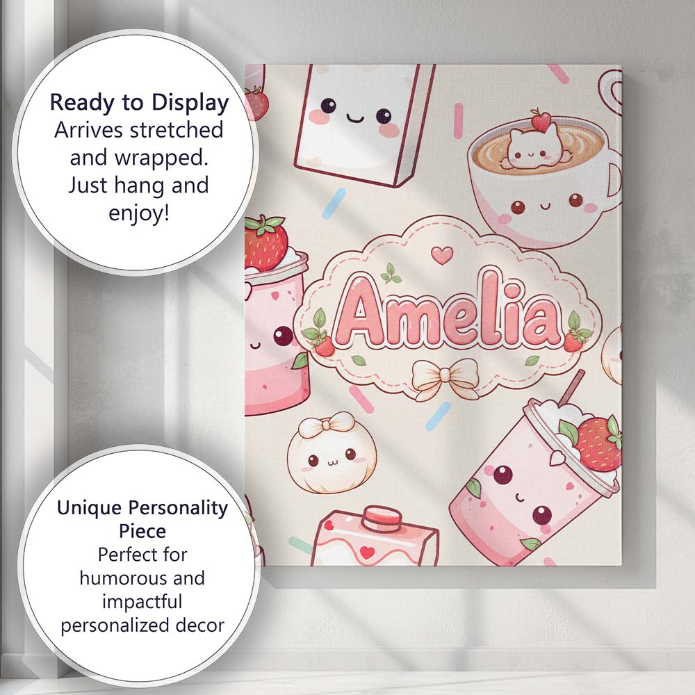 Personalised Name Cute Kawaii Strawberry Custom  Unique Gift Idea Elegant Feature Canvas Wall Art Print Decor Picture Ready to Hang