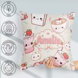 Custom Name Cute Kawaii Strawberry Drinks and Cat Cups on Cream Square Filled Cushion Throw Pillow Sofa Bed Home Decor Zip Washable UK Made