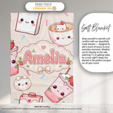 Cute Kawaii Strawberry Drinks and Cat Cups on Cream Background  Personalised Custom Name Super Soft Fleece Blanket Bed Sofa Throw