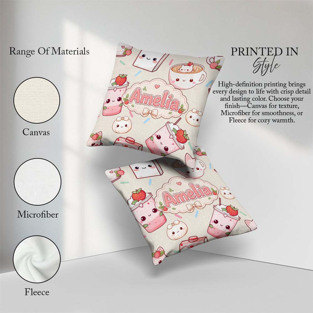 Custom Name Cute Kawaii Strawberry Drinks and Cat Cups on Cream Square Filled Cushion Throw Pillow Sofa Bed Home Decor Zip Washable UK Made