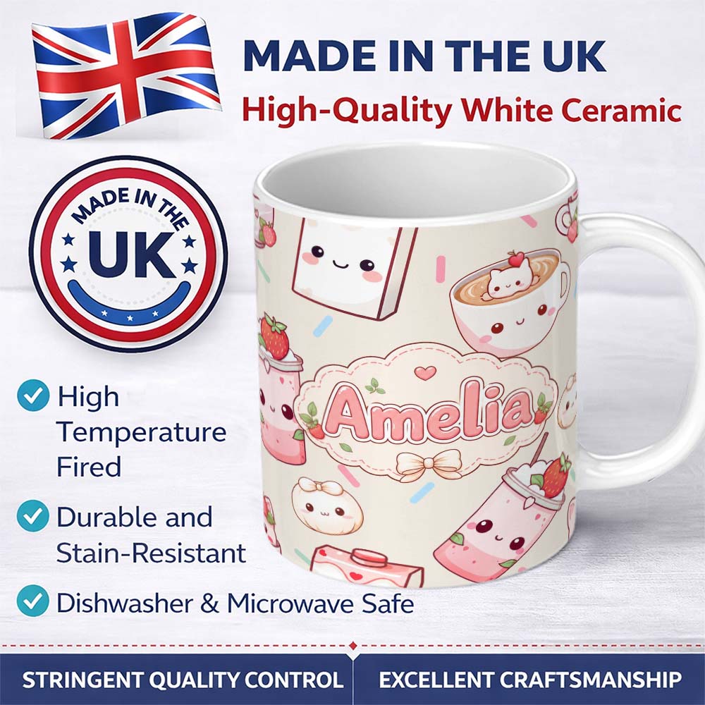 Personalized Custom Name Cute Kawaii Strawberry Drinks and Cat Cups on Cream Background 11oz Ceramic Coffee Tea Mug White Large Handle