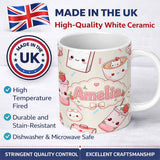 Personalized Custom Name Cute Kawaii Strawberry Drinks and Cat Cups on Cream Background 11oz Ceramic Coffee Tea Mug White Large Handle