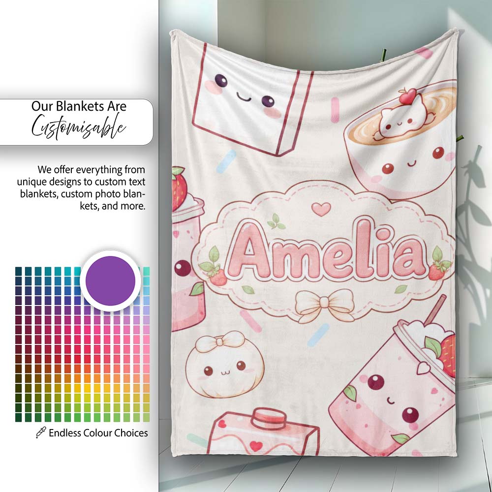Cute Kawaii Strawberry Drinks and Cat Cups on Cream Background  Personalised Custom Name Super Soft Fleece Blanket Bed Sofa Throw
