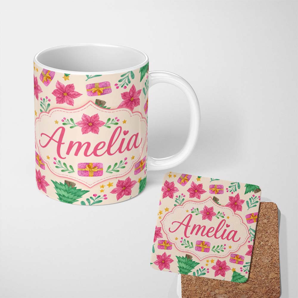 Personalized Custom Name Watercolor Christmas Tree Poinsettia Gift Seamless Pattern Lovely 11oz Ceramic Coffee Tea Mug White Large Handle