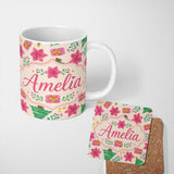Personalized Custom Name Watercolor Christmas Tree Poinsettia Gift Seamless Pattern Lovely 11oz Ceramic Coffee Tea Mug White Large Handle
