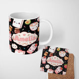 Personalized Custom Name Cute Kawaii Strawberry Drinks and Cat Cups on Black Background 11oz Ceramic Coffee Tea Mug White Large Handle