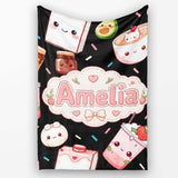 Cute Kawaii Strawberry Drinks and Cat Cups on Black Background  Personalised Custom Name Super Soft Fleece Blanket Bed Sofa Throw