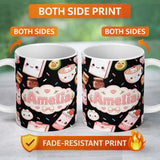 Personalized Custom Name Cute Kawaii Strawberry Drinks and Cat Cups on Black Background 11oz Ceramic Coffee Tea Mug White Large Handle
