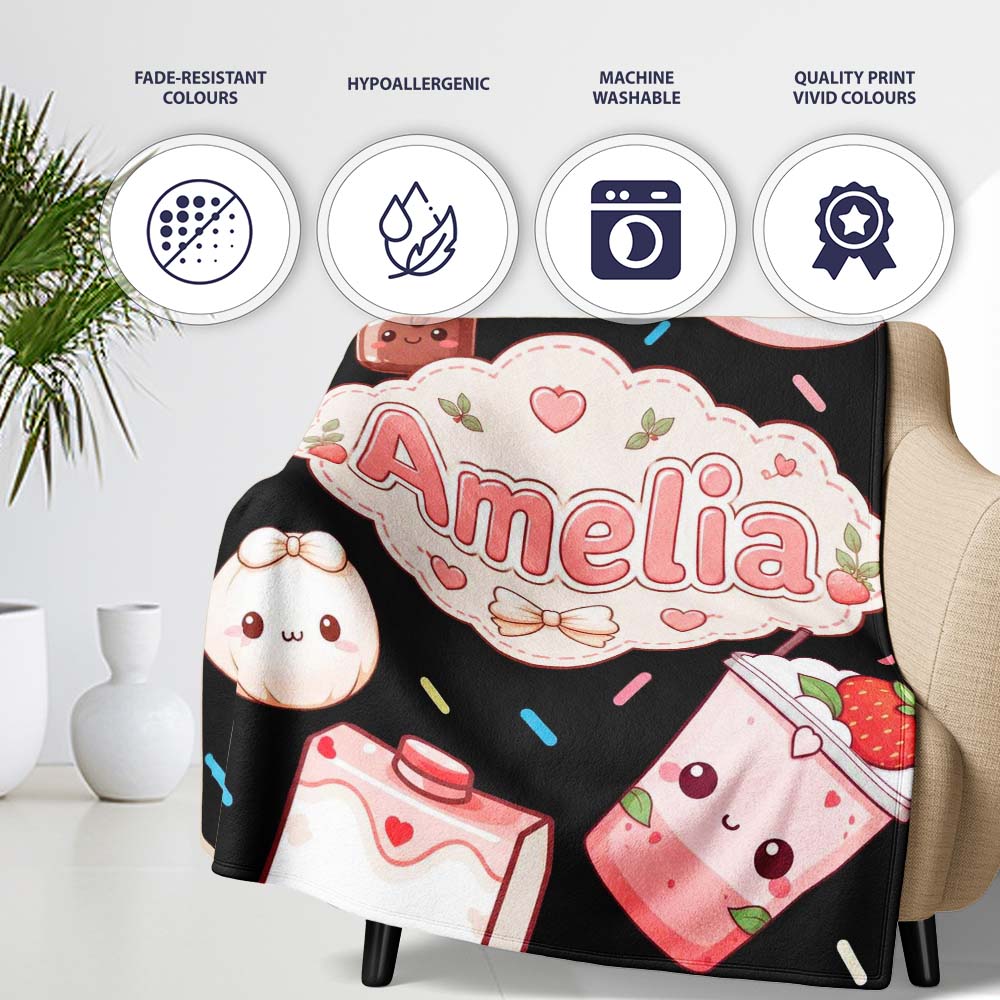 Cute Kawaii Strawberry Drinks and Cat Cups on Black Background  Personalised Custom Name Super Soft Fleece Blanket Bed Sofa Throw