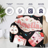 Cute Kawaii Strawberry Drinks and Cat Cups on Black Background  Personalised Custom Name Super Soft Fleece Blanket Bed Sofa Throw