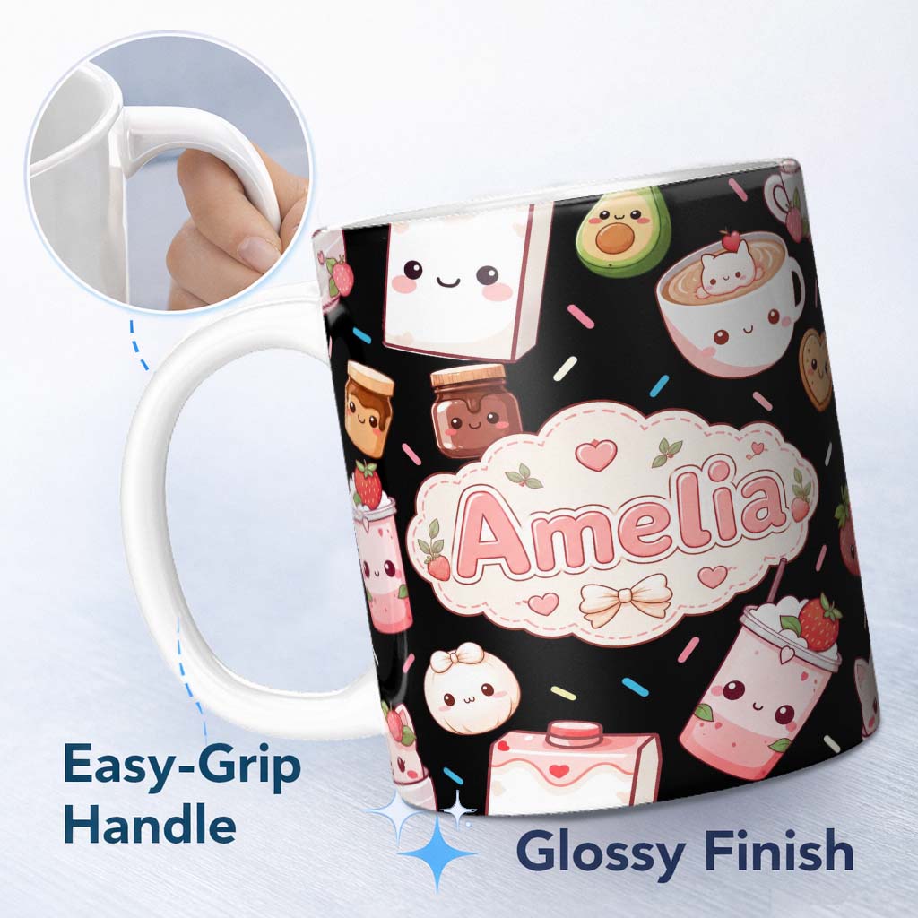 Personalized Custom Name Cute Kawaii Strawberry Drinks and Cat Cups on Black Background 11oz Ceramic Coffee Tea Mug White Large Handle