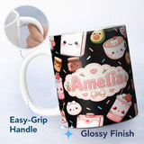 Personalized Custom Name Cute Kawaii Strawberry Drinks and Cat Cups on Black Background 11oz Ceramic Coffee Tea Mug White Large Handle