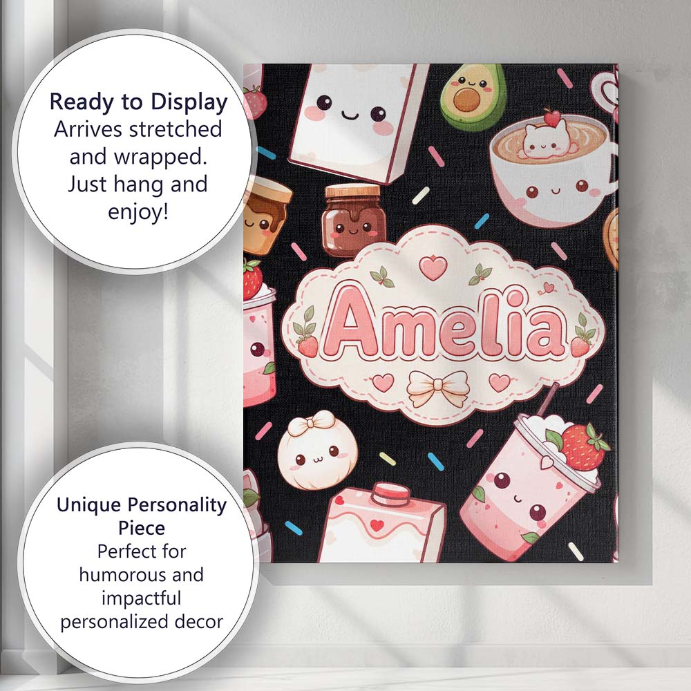 Personalised Name Cute Kawaii Strawberry Custom  Unique Gift Idea Elegant Feature Canvas Wall Art Print Decor Picture Ready to Hang