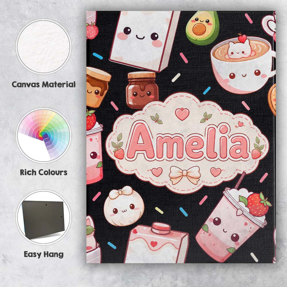 Personalised Name Cute Kawaii Strawberry Custom  Unique Gift Idea Elegant Feature Canvas Wall Art Print Decor Picture Ready to Hang