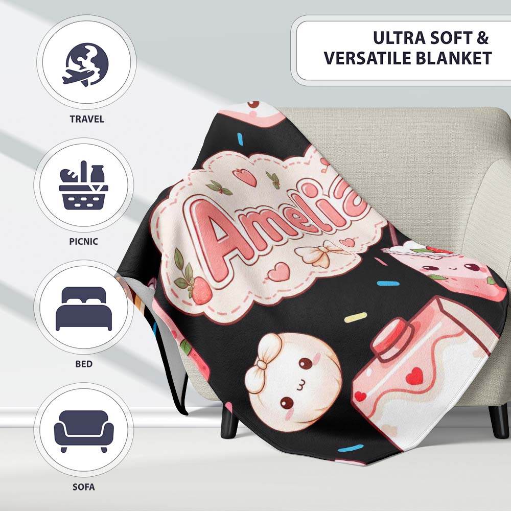 Cute Kawaii Strawberry Drinks and Cat Cups on Black Background  Personalised Custom Name Super Soft Fleece Blanket Bed Sofa Throw