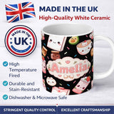 Personalized Custom Name Cute Kawaii Strawberry Drinks and Cat Cups on Black Background 11oz Ceramic Coffee Tea Mug White Large Handle