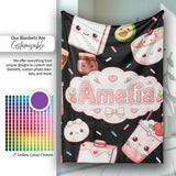 Cute Kawaii Strawberry Drinks and Cat Cups on Black Background  Personalised Custom Name Super Soft Fleece Blanket Bed Sofa Throw