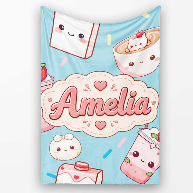 Cute Kawaii Strawberry Drinks and Cat Cups on Blue Background  Personalised Custom Name Super Soft Fleece Blanket Bed Sofa Throw