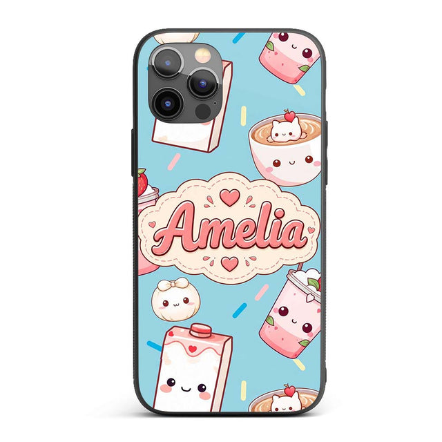 Cute Kawaii Strawberry Drinks and Cat Cups on Custom Name Protective Phone Case Mobile Cover Durable Everyday Smartphone Shock Resistant