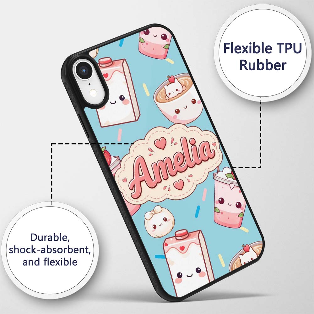 Cute Kawaii Strawberry Drinks and Cat Cups on Custom Name Protective Phone Case Mobile Cover Durable Everyday Smartphone Shock Resistant