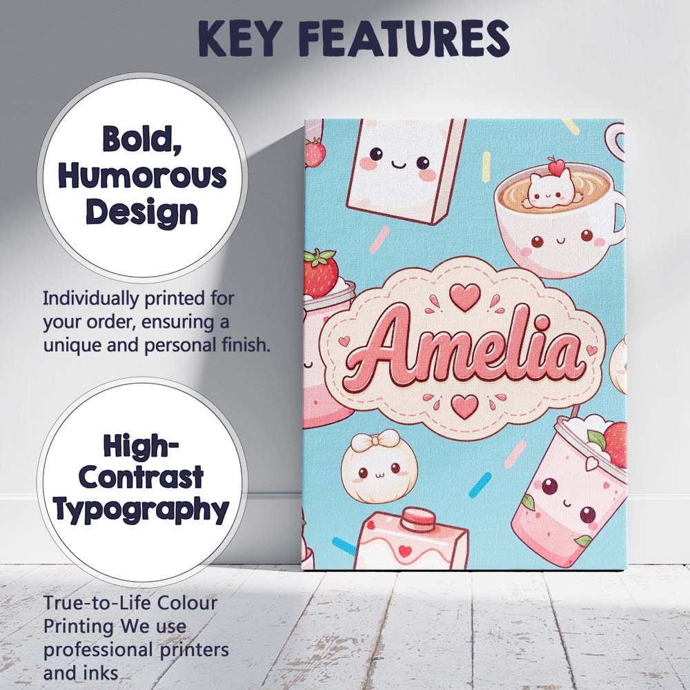 Personalised Name Cute Kawaii Strawberry Custom  Unique Gift Idea Elegant Feature Canvas Wall Art Print Decor Picture Ready to Hang