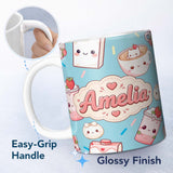 Personalized Custom Name Cute Kawaii Strawberry Drinks and Cat Cups on Blue Background 11oz Ceramic Coffee Tea Mug White Large Handle