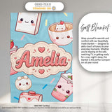 Cute Kawaii Strawberry Drinks and Cat Cups on Blue Background  Personalised Custom Name Super Soft Fleece Blanket Bed Sofa Throw