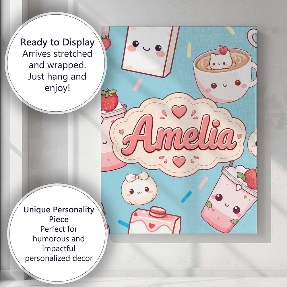 Personalised Name Cute Kawaii Strawberry Custom  Unique Gift Idea Elegant Feature Canvas Wall Art Print Decor Picture Ready to Hang